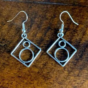 Geometric Square & Circle Dangle Earrings - Aged Silver Finish, Vintage Style